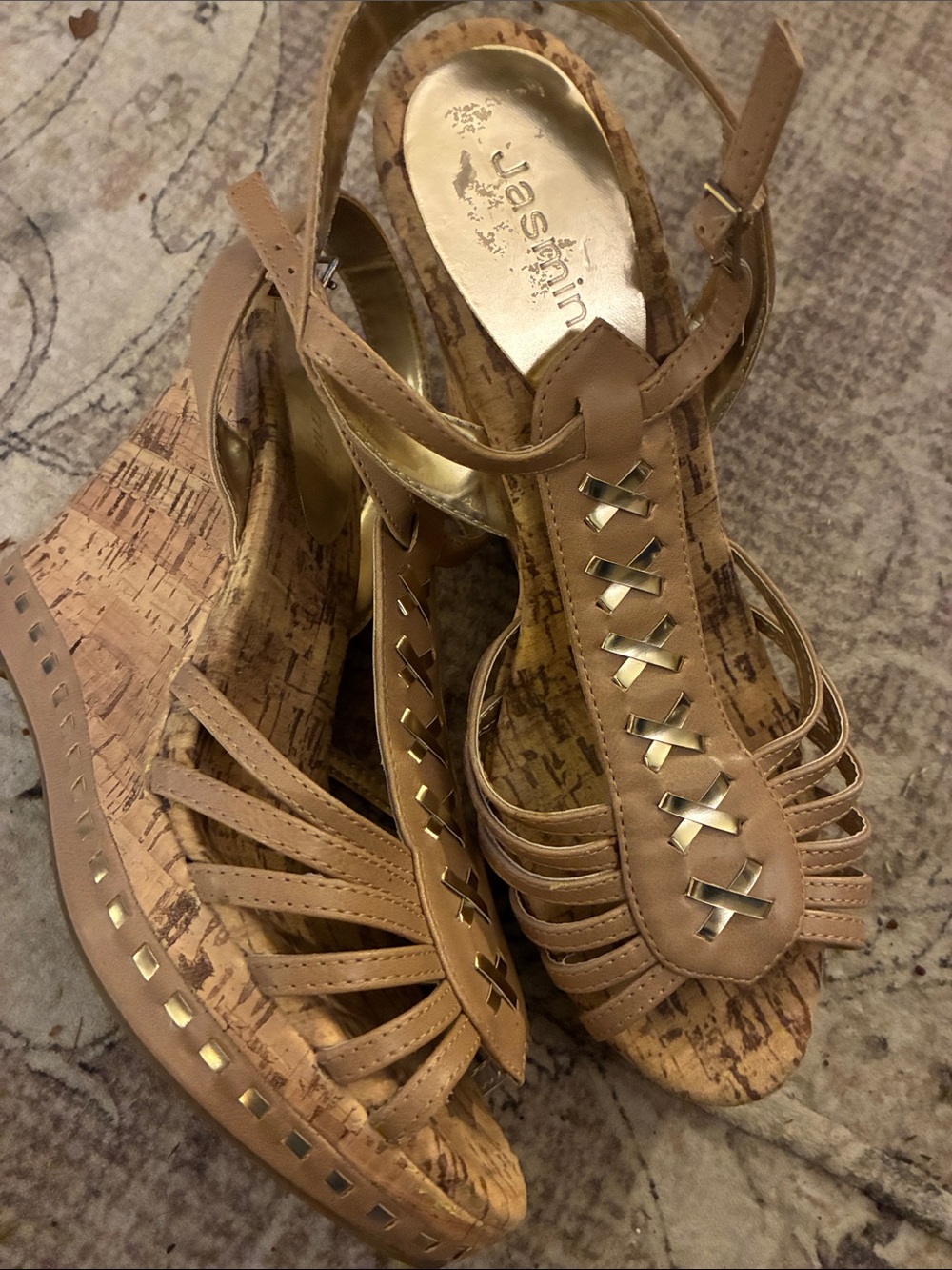 Jasmin Tan Strappy Cork Wedge Sandals with Gold Accents